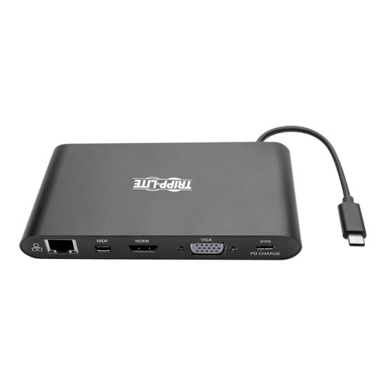 Picture of Tripp Lite USB C Docking Station 4k USB Hub HDMI VGA mDP Gbe Charging Black, USB Type C, USB-C, USB Type-C - for Notebook/Tablet PC/Desktop PC/Smartphone - 60 W - USB Type C - 4 x USB Ports - 3 x USB 3.0 - Network (RJ-45) - HDMI - VGA - Mini DisplayPort