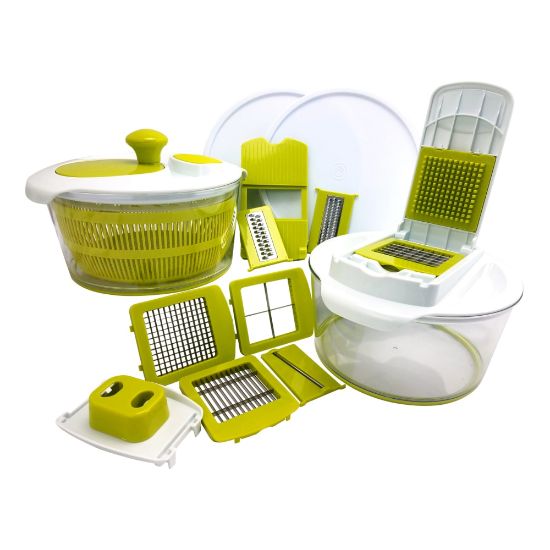 Picture of MegaChef 10-in-1 Multi-Use Salad Spinning Slicer, Dicer and Chopper with Interchangeable Blades and Storage Lids, Green