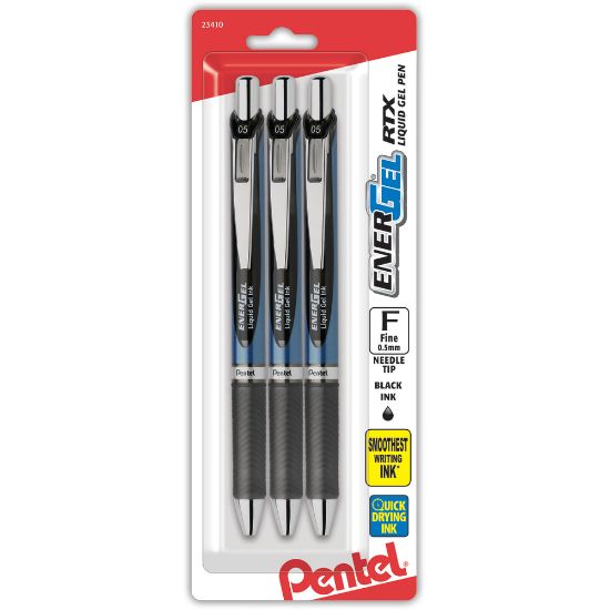 Picture of Pentel EnerGel Deluxe RTX Retractable Pens, Needle Point, 0.5 mm, Assorted Barrels, Black Ink, Pack Of 3