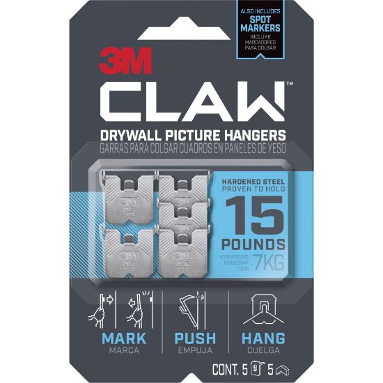 Picture of 3M CLAW Drywall Picture Hanger - 15 lb (6.80 kg) Capacity - for Pictures, Mirror, Decoration, Art, Home - Gray - 5 Each