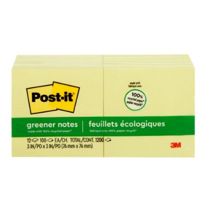 Picture of Post-it Greener Notes, 3 in x 3 in, 12 Pads, 100 Sheets/Pad, Clean Removal, Canary Yellow