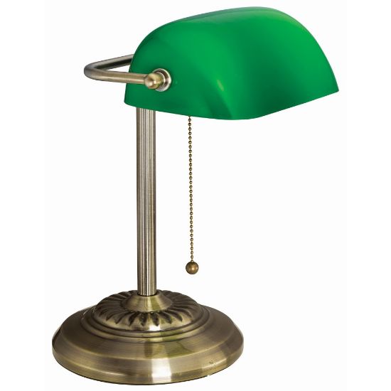 Picture of Victory Light Bankers Brass Desk Lamp - 12.5in Height - 10 W LED Bulb - Hanging Chain, Durable - Metal - Desk Mountable - Brass, Green - for Desk, Bank, Office, Reception