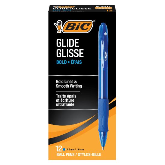 Picture of BIC Glide Bold Ballpoint Pens, Bold Point, 1.6 mm, Translucent Barrel, Blue Ink, Pack Of 12 Pens