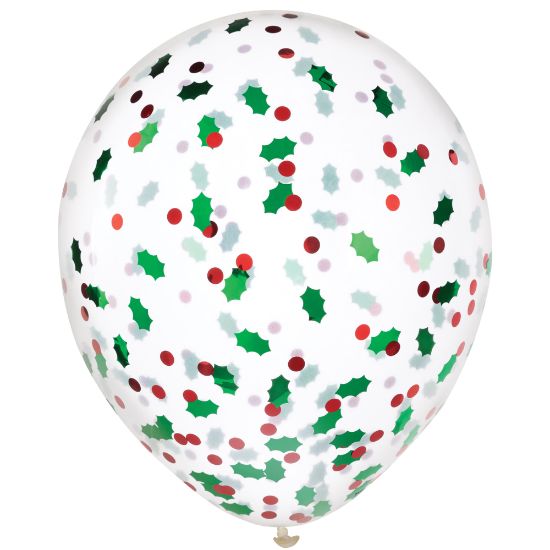 Picture of Amscan Christmas Holly Berry Confetti-Filled Latex Balloons, 12in, Clear, Pack Of 18 Balloons