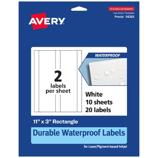 Picture of Avery Waterproof Permanent Labels, 94265-WMF10, Rectangle, 11in x 3in, White, Pack Of 20