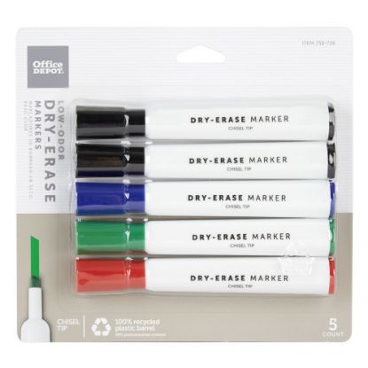 Picture of Office Depot Brand Low-Odor Dry-Erase Markers, Chisel Point, 100% Recycled Plastic Barrel, Assorted Colors, Pack Of 5