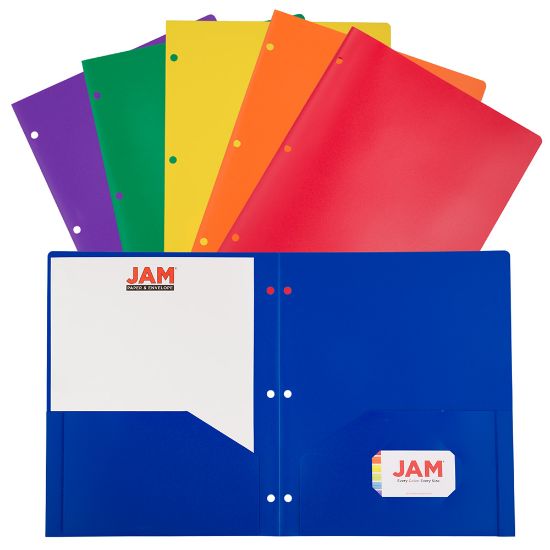 Picture of JAM Paper POP Plastic 3-Hole Punched 2-Pocket School Folders, 9-1/2in x 11-1/2in, Assorted Primary, Pack Of 6 Folders