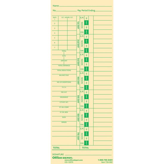 Picture of Office Depot Brand Time Cards With Deductions, Weekly, Days 1-7, 2-Sided, 3 3/8in x 8 7/8in, Manila, Pack Of 100