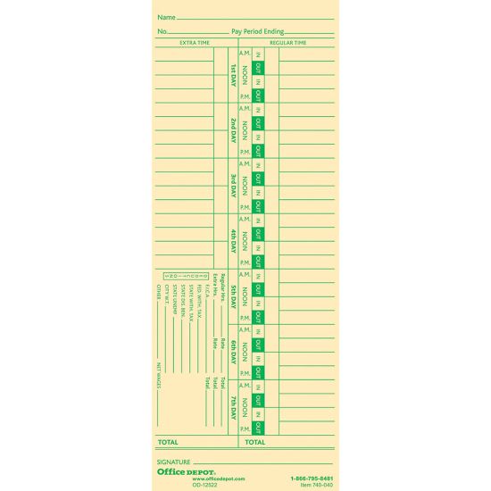 Picture of Office Depot Brand Time Cards, Biweekly, Days 1-7, 2-Sided, 3 3/8in x 8 7/8in, Manila, Pack Of 100