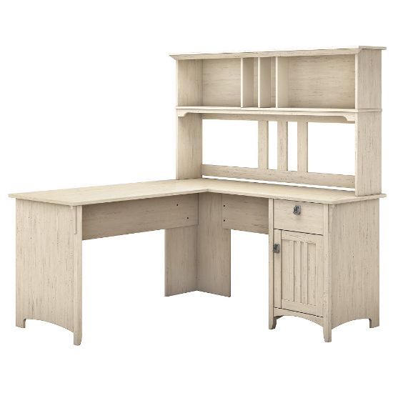 Picture of Bush Furniture Salinas 60inW L Shaped Desk with Hutch, Antique White, Standard Delivery