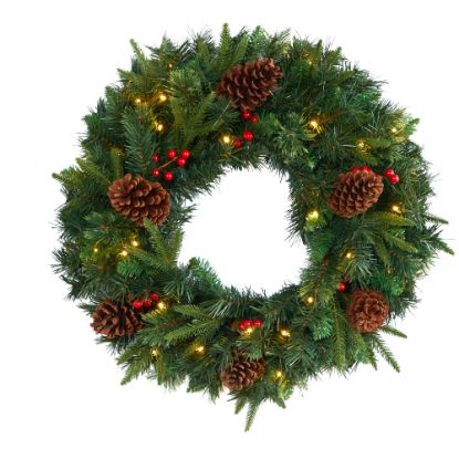 Picture of Nearly Natural 24inH Mixed Pine Artificial Christmas Wreath With 35 LED Lights And Berries, 24in x 5in, Green