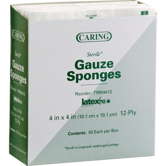 Picture of Medline Sterile Gauze Sponges - 12 Ply - 4in x 4in - 24/Carton - 50 Per Box - White - Cotton, Mesh, Woven