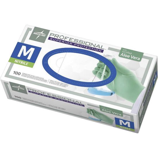 Picture of Medline Professional Series Aloetouch Gloves - Medium Size - Green - Latex-free, Non-sterile, Textured - For Laboratory Application - 100 / Box - 5.9 mil Thickness - 9.50in Glove Length