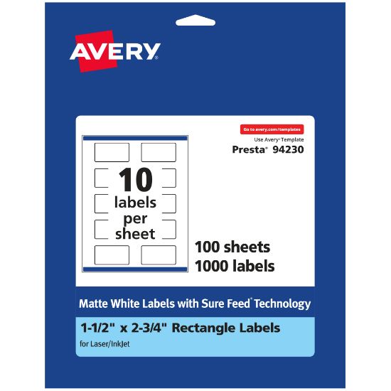 Picture of Avery Permanent Labels With Sure Feed, 94230-WMP100, Rectangle, 1-1/2in x 2-3/4in, White, Pack Of 1,000