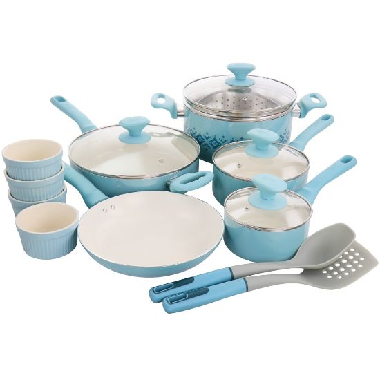 Picture of Spice by Tia Mowry Savory Saffron 16-Piece Ceramic Non-Stick Cookware Set, Blue