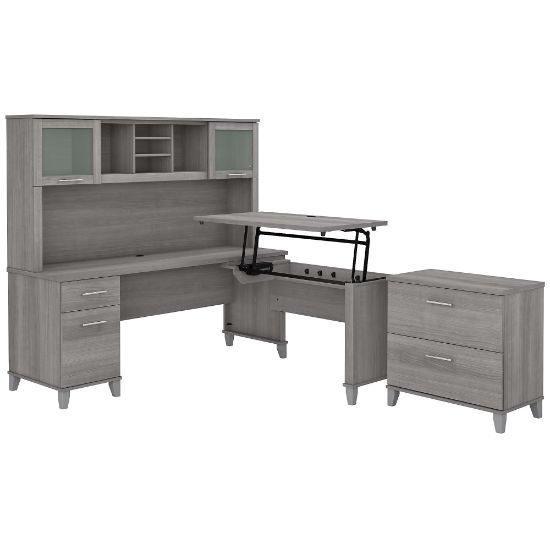 Picture of Bush Furniture Somerset 72inW 3-Position Sit-To-Stand L-Shaped Desk With Hutch And File Cabinet, Platinum Gray, Standard Delivery