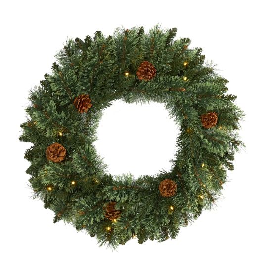 Picture of Nearly Natural White Mountain 24inH Pine Artificial Christmas Wreath With 35 LED Lights And Pine Cones, 24in x 4in, Green