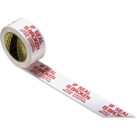 Picture of Scotch Preprinted Message Seal Broken Tape - 109.36 yd Length x 1.88in Width - 1.9in Thickness - 4.48in Dia - 3in Core - Polypropylene Film Backing - 36 / Carton - White