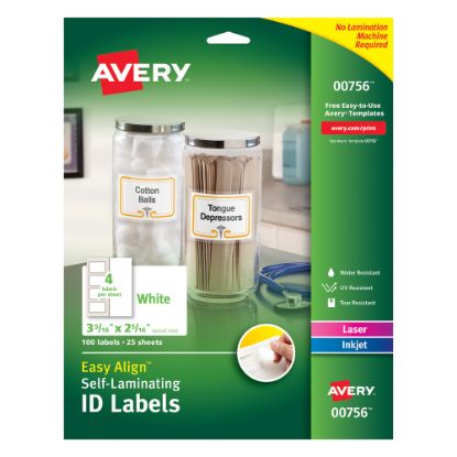 Picture of Avery Easy Align Self-Laminating ID Labels, AVE00756, 3 5/16in x 2 5/16in, White, Pack of 100