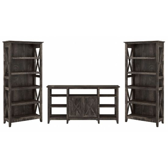 Picture of Bush Furniture Key West Tall TV Stand With Set Of 2 Bookcases, Dark Gray Hickory, Standard Delivery