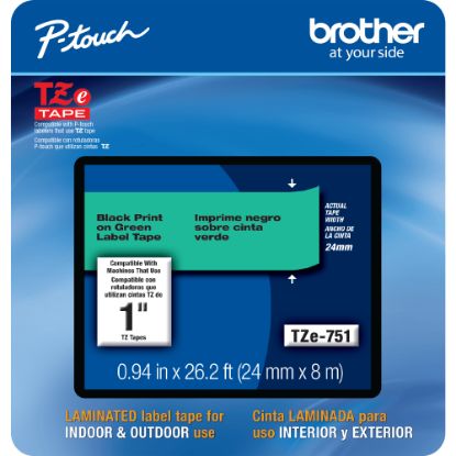 Picture of Brother TZE751CS Genuine P-Touch Laminated Label Tape, 1in x 26-1/4ft, Black/Green