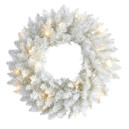 Picture of Nearly Natural Colorado Spruce Artificial Christmas Wreath With 129 Bendable Branches And 20 Warm LED Lights, 18in x 4in, White