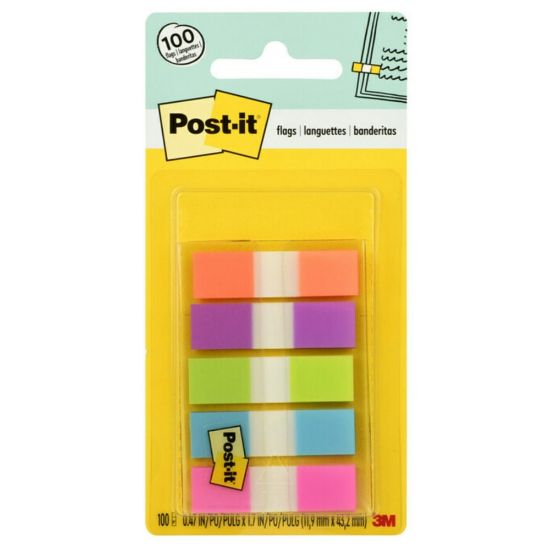 Picture of Post-it Notes Flags, 1/2in x 1-7/10in, Assorted Bright Colors, 20 Flags Per Pad, Pack Of 5 Pads