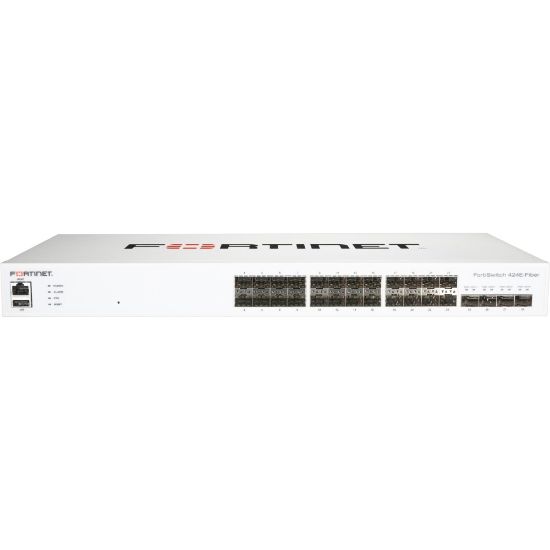 Picture of Fortinet 424E-FIBER Layer 3 Switch - 24 Ports - Manageable - Gigabit Ethernet, 10 Gigabit Ethernet - 10/100/1000Base-T, 10GBase-X - 3 Layer Supported - Modular - 38 W Power Consumption - Optical Fiber, Twisted Pair - 1U High - Rack-mountable