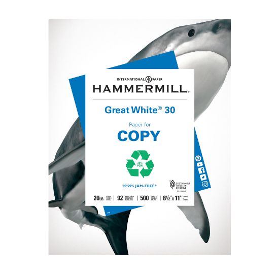 Picture of Hammermill Great White Copy Paper, 1 Ream, White, Letter (8.5in x 11in), 500 Sheets Per Ream, 20 Lb, 92 Brightness, 30% Recycled