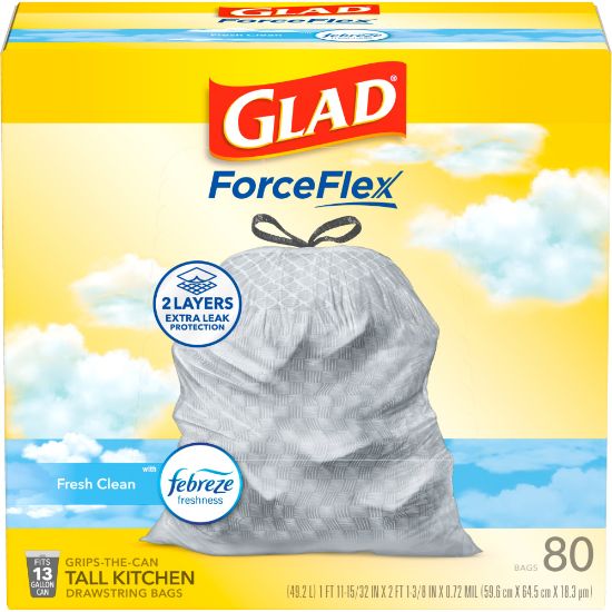 Picture of Glad Tall Kitchen 5-Day OdorShield Trash Bags With Febreze Freshness, 13 Gallons, Fresh Clean Scent, White, Pack Of 80 Trash Bags