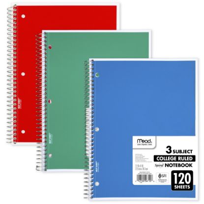 Picture of Mead Wirebound Notebook, 8in x 11in, 3 Subject, 120 Sheets, Assorted Colors