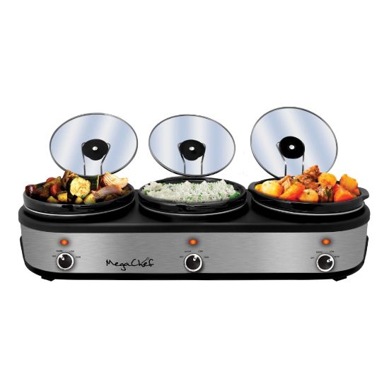 Picture of MegaChef Triple 2.5 Qt. Slow Cooker and Buffet Server, Black/Brushed Silver