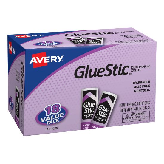 Picture of Avery Disappearing Color Permanent Glue Stics, 0.26 Oz., Purple, Pack Of 18