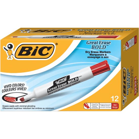 Picture of BIC Great Erase Dry Erase Marker, Bold Point, Chisel Point, White Barrel, Red Ink, Pack Of 12