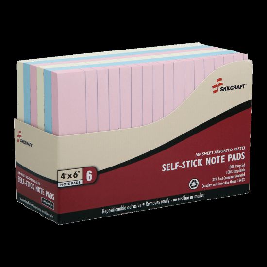 Picture of SKILCRAFT Self-Stick Notes, 4in x 6in, Assorted Pastel, Pack of 6