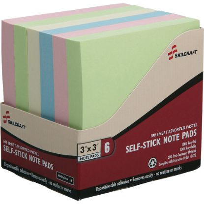 Picture of SKILCRAFT 3in x 3in 30% Recycled Self-Stick Notes, Assorted Pastel Colors, Pack Of 6 (AbilityOne 7530-01-456-2249)