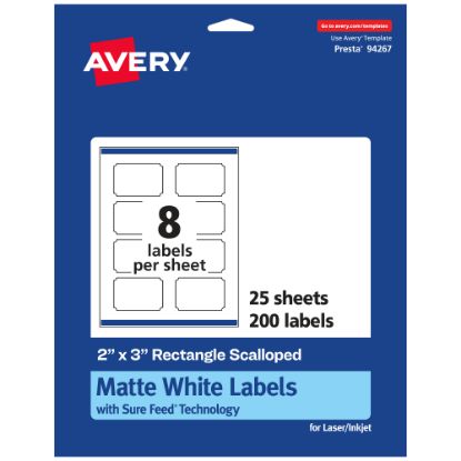 Picture of Avery Permanent Labels With Sure Feed, 94267-WMP25, Rectangle Scalloped, 2in x 3in, White, Pack Of 200