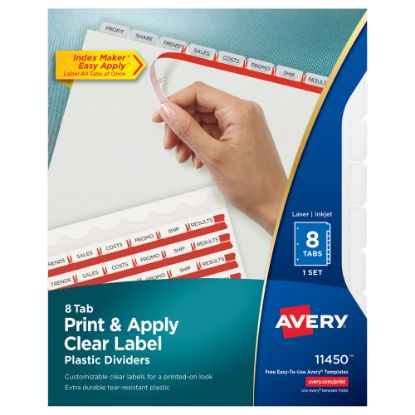 Picture of Avery Print & Apply Clear Label Translucent Plastic Dividers with Index Maker Easy Apply Printable Label Strip, 8 Frosted Clear Tabs