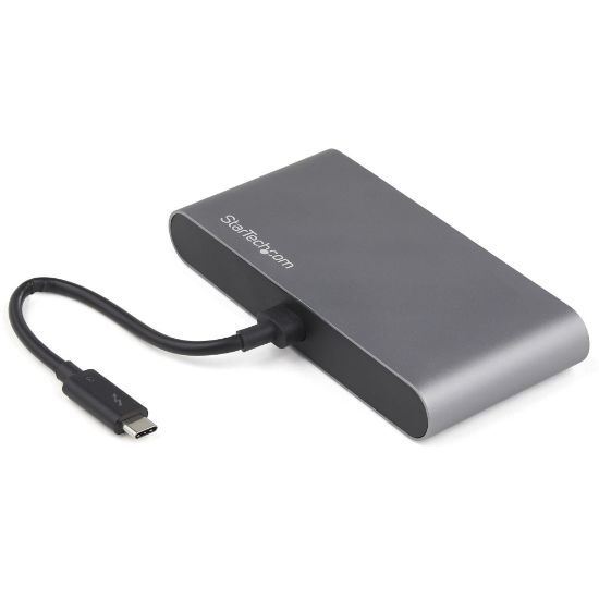 Picture of StarTech.com Thunderbolt 3 Mini Dock - Portable Dual Monitor TB3 Docking Station DisplayPort 4K 60Hz - 1x USB-A, GbE - 11in (28cm) Cable - Thunderbolt 3 mini dock - 40Gb video & data/dual monitor DisplayPort 4K 60Hz/1x USB-A 3.0 5Gbps/GbE