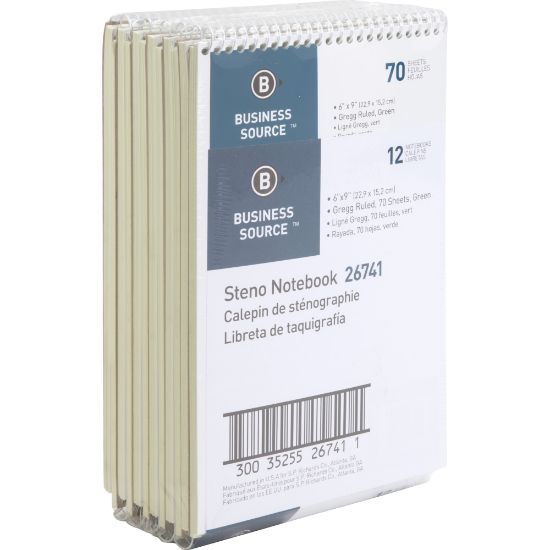 Picture of Business Source Wirebound Steno Notebook - 70 Sheets - Wire Bound - 15 lb Basis Weight - 6in x 9in - Green Paper - 12 / Pack