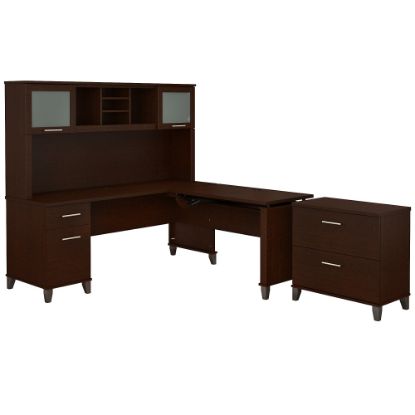 Picture of Bush Furniture Somerset 72inW 3 Position Sit to Stand L Shaped Desk With Hutch And File Cabinet, Mocha Cherry, Standard Delivery