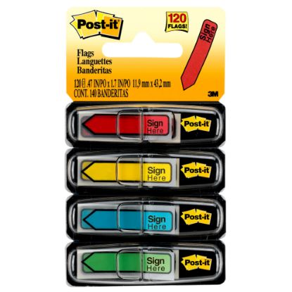 Picture of Post-it Flags, .47 in. x 1.7 in., 4 Dispensers, 30 Flags/Dispenser, Assorted Colors, Printed "Sign Here",  Back to School Supplies for Students, Flags for Textbooks and Notebooks