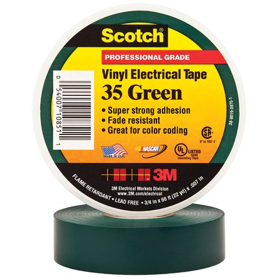 Picture of 3M 35 Color-Coded Vinyl Electrical Tape, 1.5in Core, 0.75in x 66ft, Green, Pack Of 10