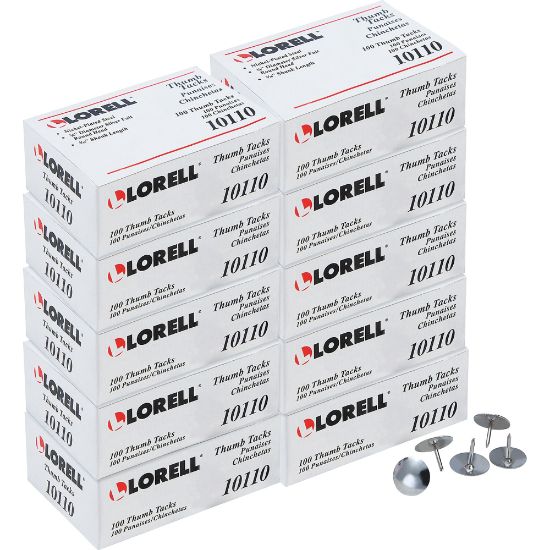 Picture of Lorell 5/16in Long Thumb Tacks - 0.31in Shank - 0.38in Head - for Schedule, Wall - 10 / Carton - Silver - Nickel Plated Steel