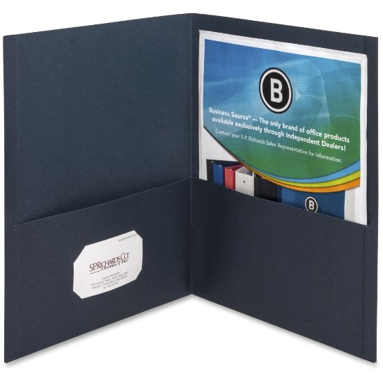 Picture of Business Source Letter Recycled Pocket Folder - 8 1/2in x 11in - 100 Sheet Capacity - 2 Inside Front & Back Pocket(s) - Paper - Dark Blue - 35% Recycled - 25 / Box