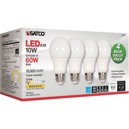 Picture of Satco 10W A19 LED 2700K Frosted Bulbs - 10 W - 60 W Incandescent Equivalent Wattage - 120 V AC - 800 lm - A19 Size - Warm White Light Color - E26 Base - 15000 Hour - 4400.3 deg.F (2426.8 deg.C) Color Temperature - 93 CRI - 220 deg. Beam Angle - 4 / Pack