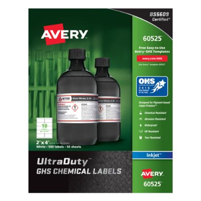 Picture of Avery UltraDuty GHS Chemical Labels For Pigment-Based Inkjet Printers, 60525, 2in x 4in, White, Pack Of 500