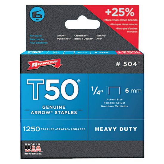 Picture of Arrow 50424 T50 Staples, #504, 1/4inL x 3/8inW, Silver, Box Of 1,250 Staples