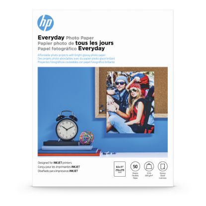 Picture of HP Everyday Photo Paper for Inkjet Printers, Glossy, Letter Size (8 1/2in x 11in), 53 Lb, Pack Of 50 Sheets (Q8723A)