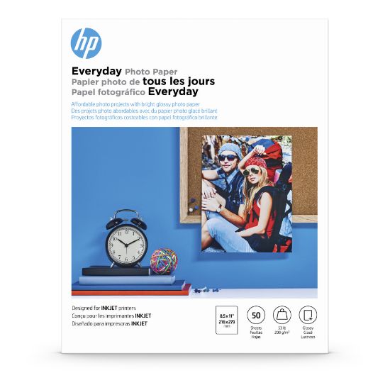 Picture of HP Everyday Photo Paper for Inkjet Printers, Glossy, Letter Size (8 1/2in x 11in), 53 Lb, Pack Of 50 Sheets (Q8723A)